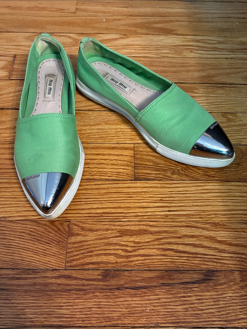 Miu Miu Mint Green Canvas Flats with Silver Cap Toe size 36.5